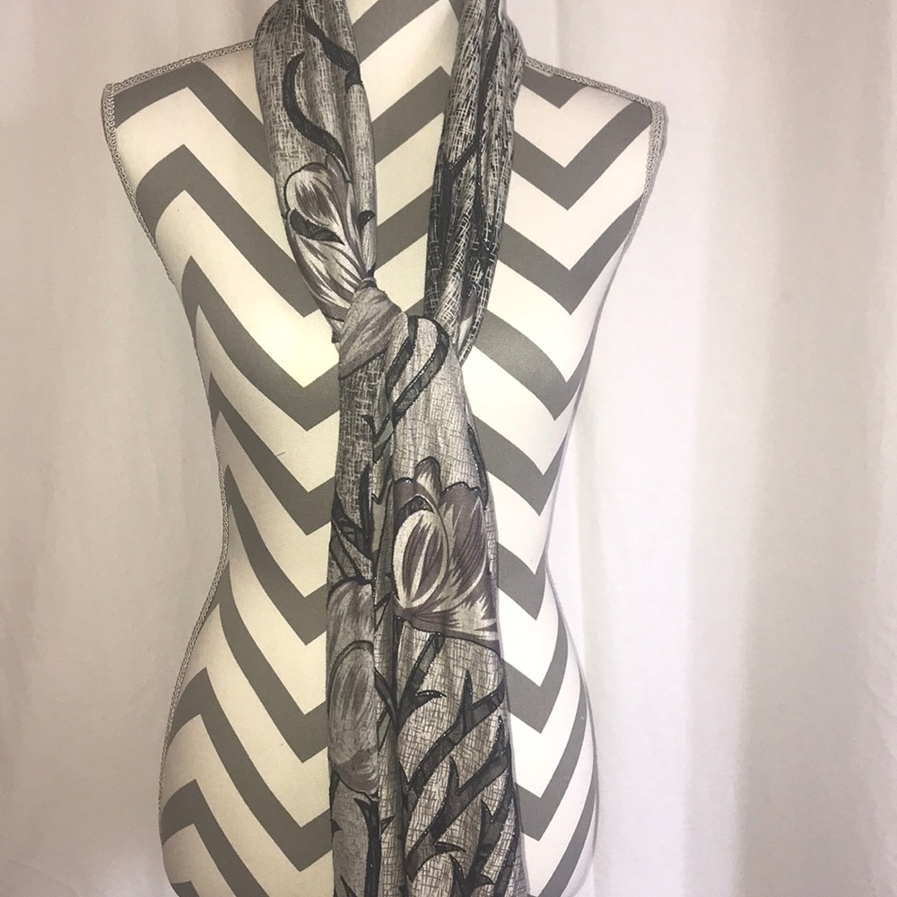 Black & Grey Sparkly Fringe Floral Scarf